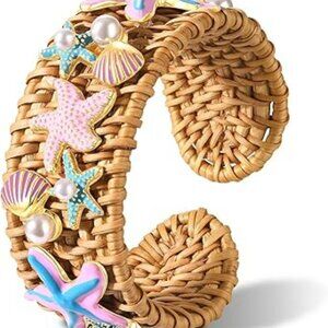 Seashell Rattan Cuff Beach Bangle Straw Wicker Vacation Braided Summer Jewelry